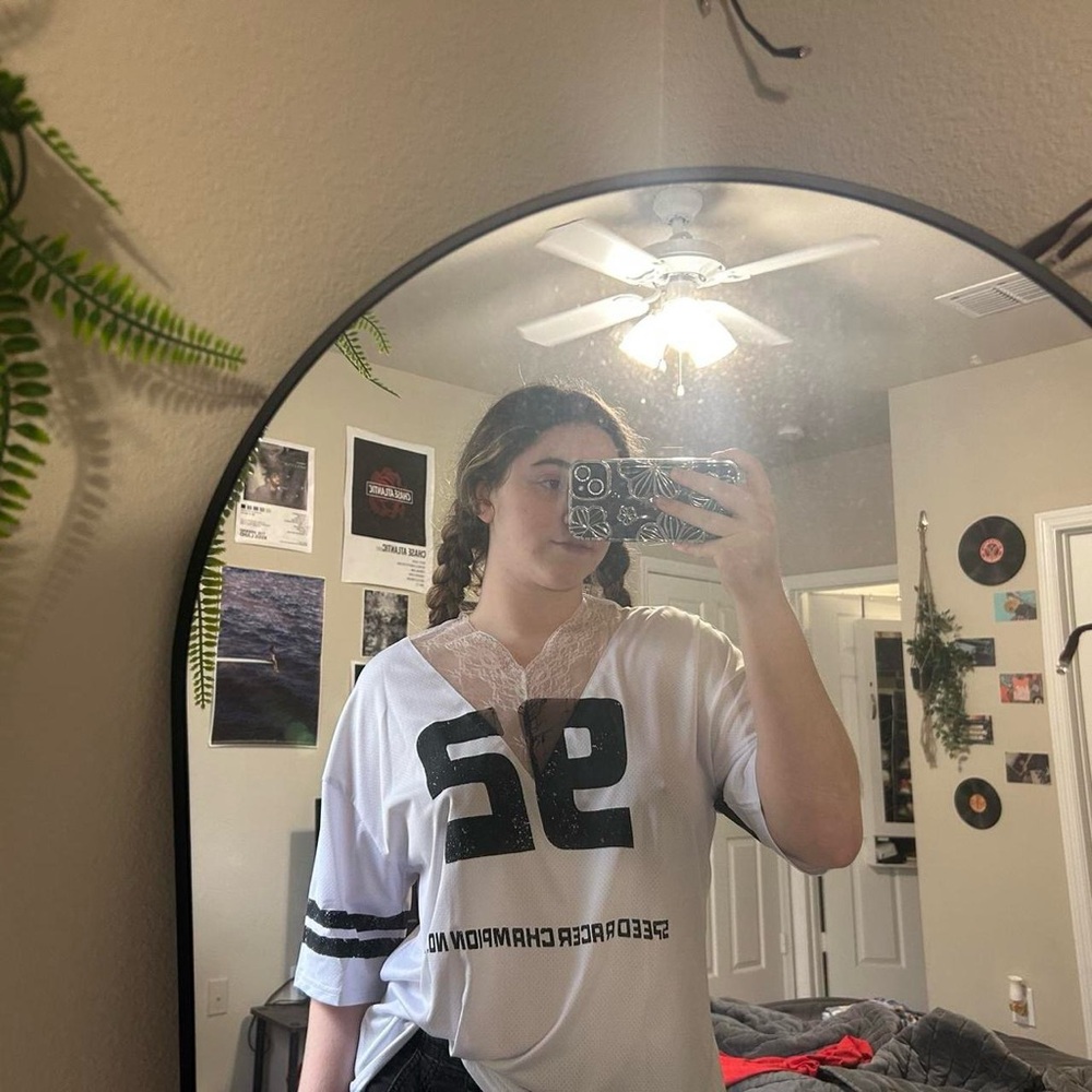White and Black Reworked Lace Jersey Top